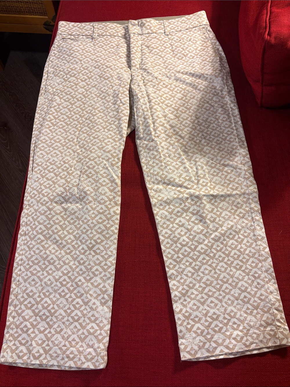 Tan and White Women’s Geometric Print Ankle Pants